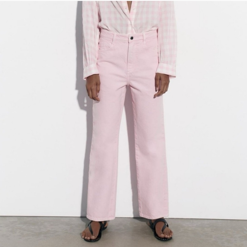 Zara-Women's High-Rise Straight Leg Jeans in Light Pink